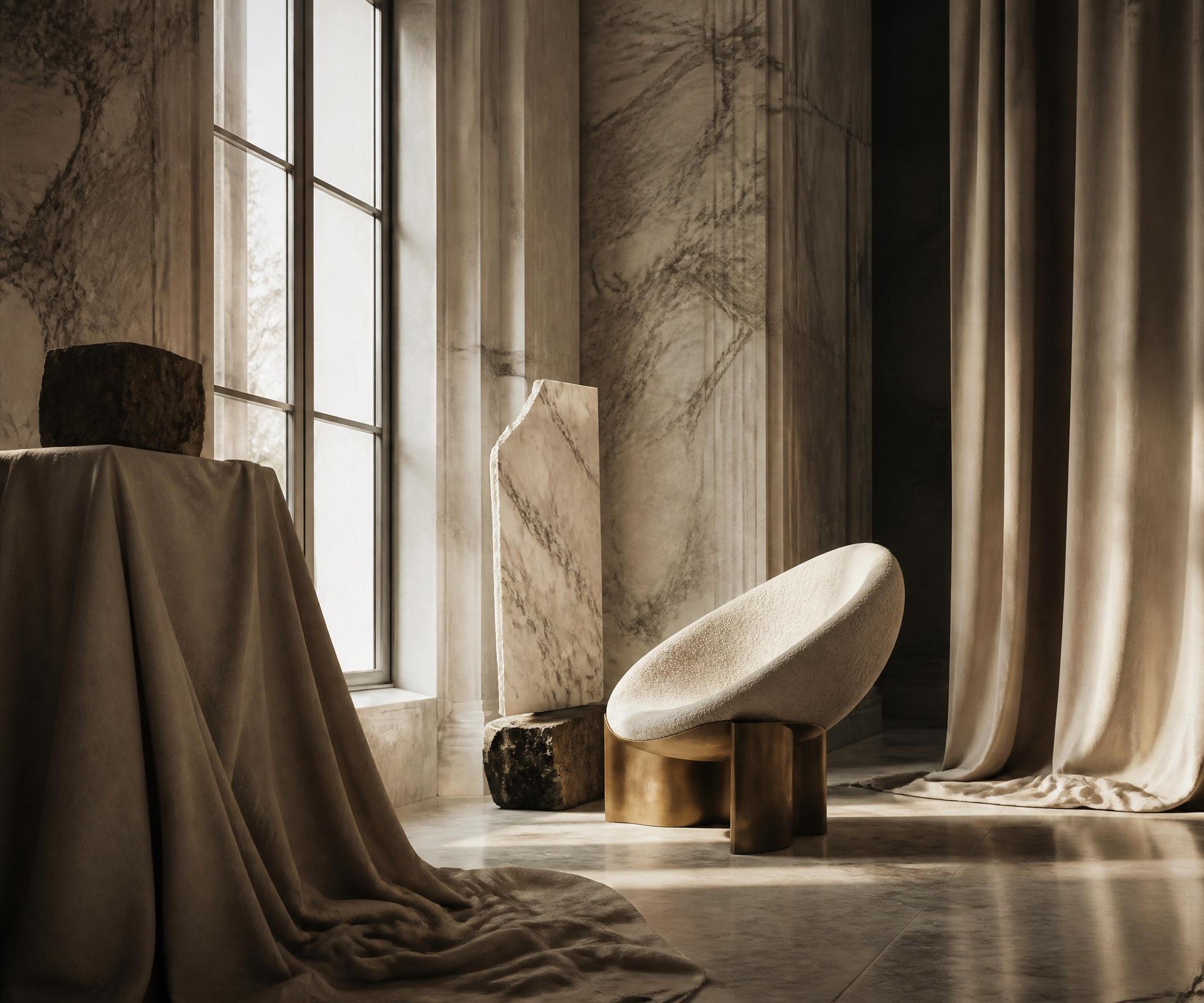 Still life of ivory silk draped over black marble with a single bronze object