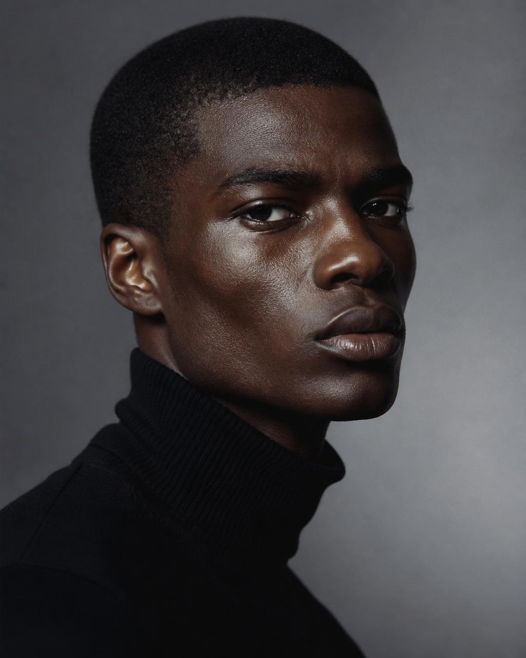 Malachi Osei, male menswear and campaign talent from Accra, studio rendered cover portrait.