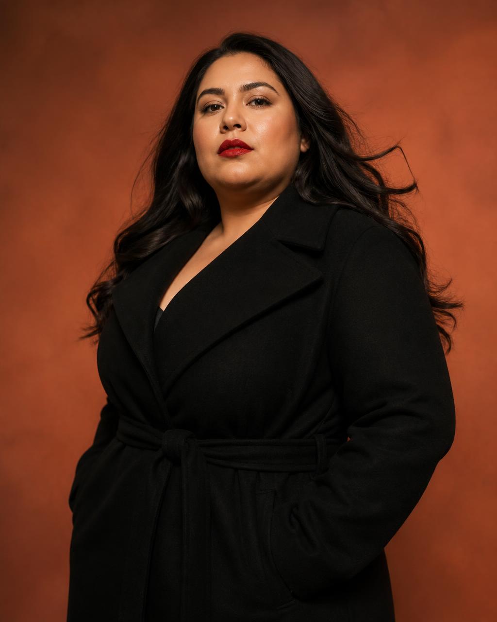Marisol Ibarra, extended sizing female curve and editorial and eveningwear talent from Mexico City, studio rendered cover portrait.