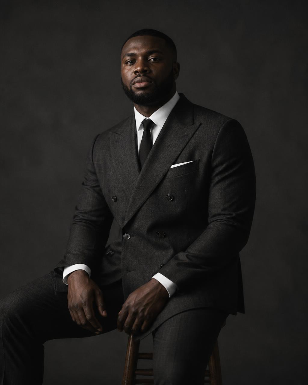 Obi Adeyemi, extended sizing male curve and menswear and campaign talent from Lagos · London, studio rendered cover portrait.